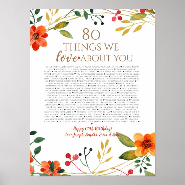 Poster 80 coisas que amamos em você flores laranja (Frente)