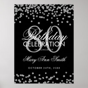 Poster 80 de Prata Aniversário Glitter Confetti Preto