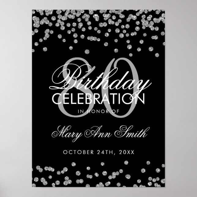 Poster 80 de Prata Aniversário Glitter Confetti Preto (Frente)