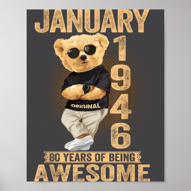 Poster 80 Year Old January 1946 Teddy Bear 80th Birthday  (Frente)
