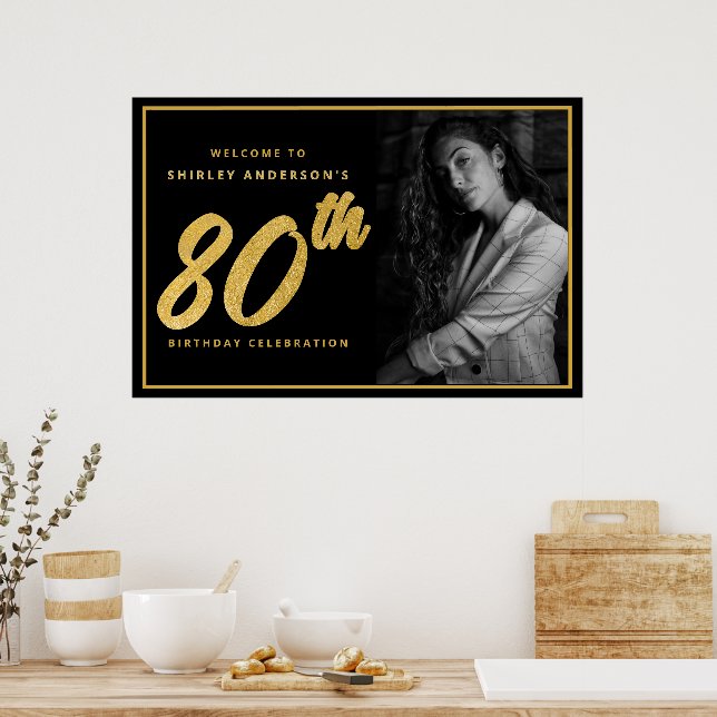 Poster 80th Birthday Photo Black Faux Gold Leaf Elegant  (Cozinha)