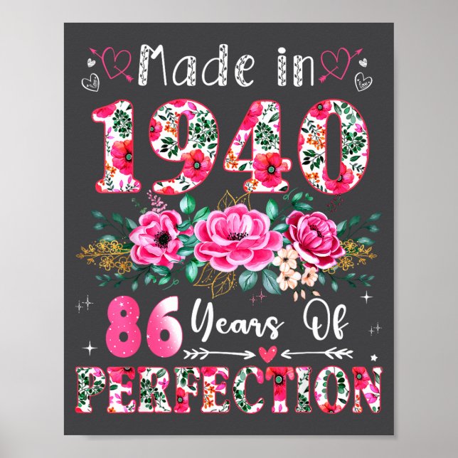 Poster 86 Year Old Made In 1940 Floral 86th Birthday Wome (Frente)