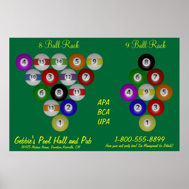 Póster 8 Ball 9 Ball Rack Billiard Hall (Frente)