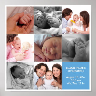 Poster 8 fotos de bebê colagem moderna borda branca azul