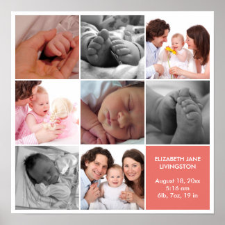 Poster 8 fotos de bebê colagem moderna borda branca rosa
