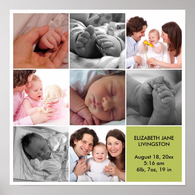 Poster 8 fotos de bebê colagem moderna borda branca verde (Frente)