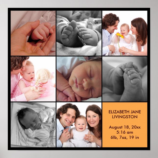 Póster 8 fotos de bebê colagem moderna borda negra amarel (Frente)