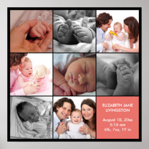 Poster 8 fotos de bebê colagem moderna borda preta rosa