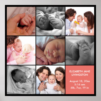 Poster 8 fotos de bebê colagem moderna borda preta rosa