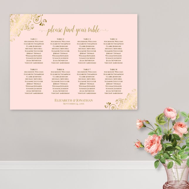 Poster 8 Gráfico de Casamento de Mesa Rosa Esbranquiçado  (In Situ on Wall with Flowers)