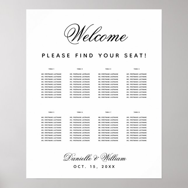 Poster 8 Mesas Carta de Assentos de Casamento Simples Pre (Frente)