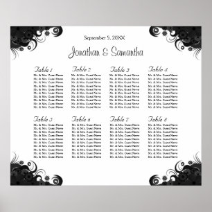 Poster 8 mesas Wedding preto e branco que assentam cartas