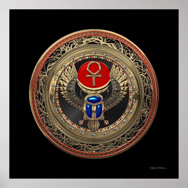 Poster [901] Scarab Dourado Egípcio Alado Sagrado com Ank (Frente)