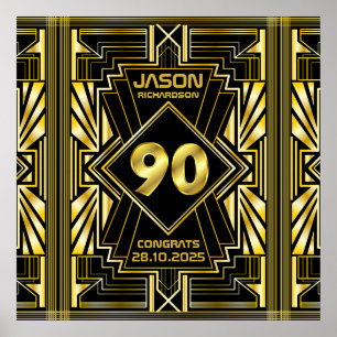 Poster 90 Birthday Art Deco Dourado Excelente Negro Gatsb