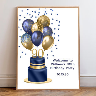 Poster 90 Birthday Marinho Blue Balloon Cake Bem-vindo
