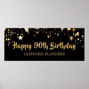 Poster 90 Birthday Modern Black Dourado Stars Name