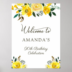 Poster 90 de Aniversário de Flores de Rosa Amarelas Poste