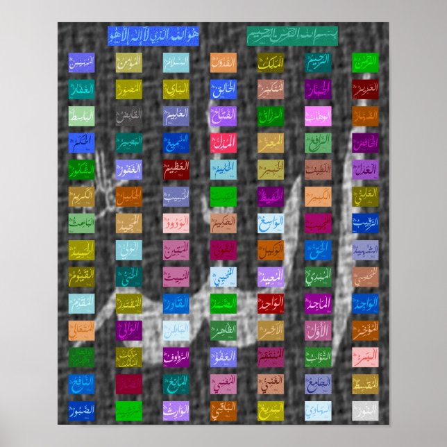 Póster 99 Excelentes Nomes de ALLAH (Deus) Asmaa-ul Husna (Frente)