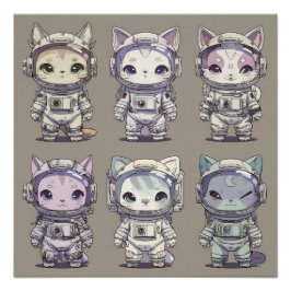 Póster 9 Chibi Astronautas Gatinhos Equipe Espacial