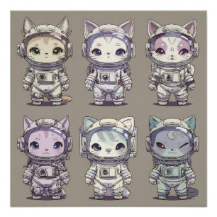 Póster 9 Chibi Astronautas Gatinhos Equipe Espacial