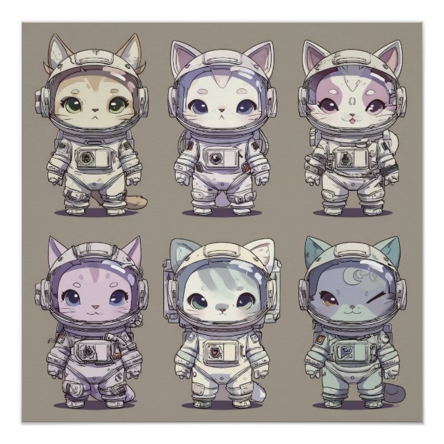 Póster 9 Chibi Astronautas Gatinhos Equipe Espacial (Frente)