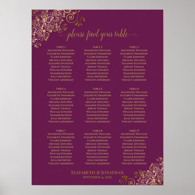 Poster 9 Gráfico de Casamento de Mesa Roxo e Dourado (Frente)