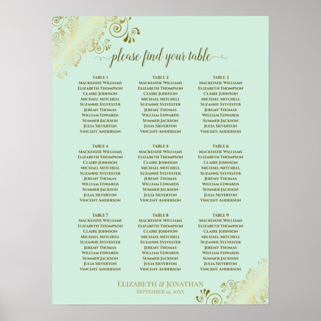 Poster 9 Gráfico de Casamento de Mesa Verde & Dourado (Frente)
