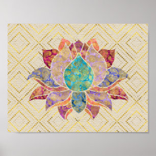 Póster A aguarela & paisley Dourado decoraram lótus