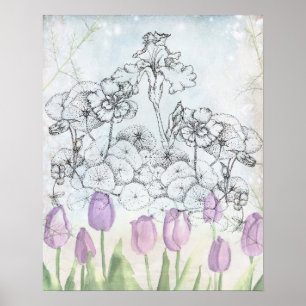 Poster A aguarela roxa da tulipa da íris floresce a
