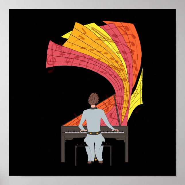 Póster A alegria de tocar a ilustração do piano (preto) (Frente)