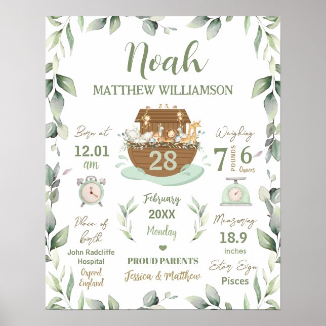 Poster A Arca de Noah Greenery Baby Birth Stats Nursery (Frente)