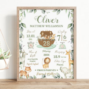 Poster A Arca de Noah Greenery Baby Birth Stats Nursery