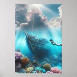 Poster A beautiful diver finds a ship wrecked in the reef