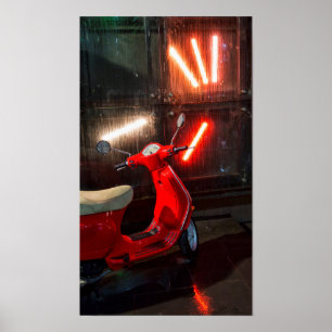 Poster A bicicleta motora vermelha molhou na chuva