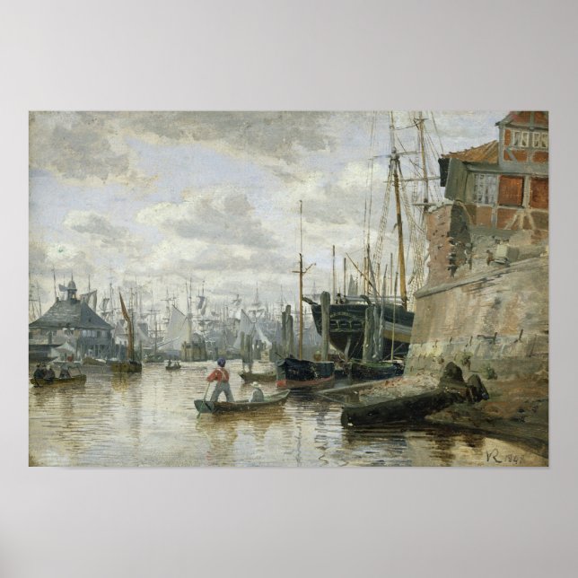 Poster A Cabina de Log no Porto de Hamburgo, 1848 (Frente)