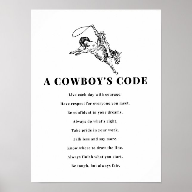 Poster A Cowboy's Code Print, Black and White, Wild West (Frente)