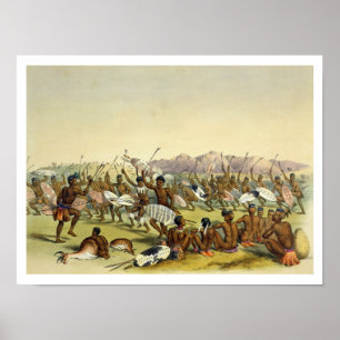 Póster A dança da caça do tribo Zulu perto das montanha