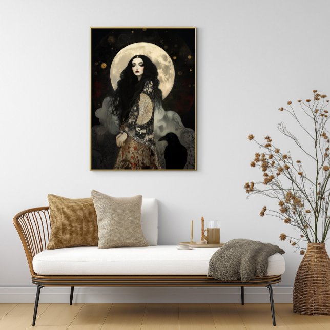 Poster A Deusa Morrigan com Corvo Arte Nova Negra (Criador carregado)