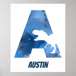Poster "A" Dinossauro Aquarela Azul Nome da Criança Poste