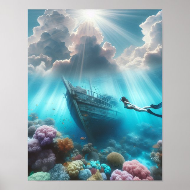 Poster A diver finds a ship wrecked in the reef (Frente)