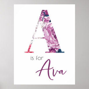 Poster A é para Revelação do Nome do Bebê Ava Floral Vint