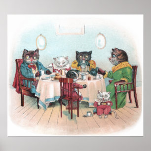 Poster A família de gato senta-se para baixo para tomar 