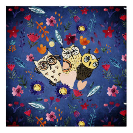 Póster A feliz família animal de pássaros no Jardim Flor