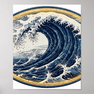 Poster A Grande Onda de Índigo — Estilo Xilogravura