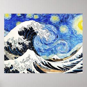 Poster A Grande Onda de Kanagawa numa Noite Estrelada