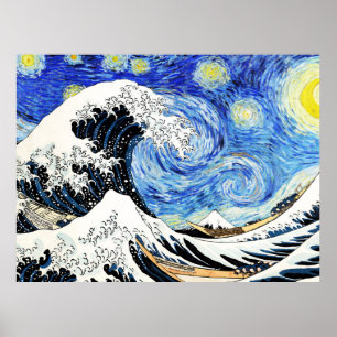 Poster A Grande Onda de Kanagawa numa Noite Estrelada
