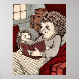 Poster A hedgehog in a blanket reading a book to a young 