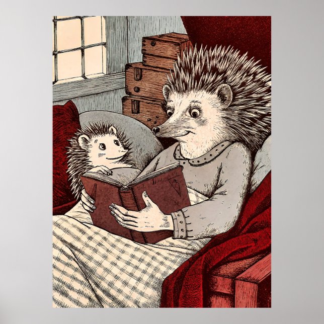 Poster A hedgehog in a blanket reading a book to a young  (Frente)