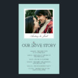 Póster A história do amor do casamento azul de Robin<br><div class="desc">Esta poster azul de ovo do robin faz uma decoração engraçada e fofa na sua recepção de casamento, onde seus convidados podem ler todos os passos que levam até o dia do seu casamento. Seu primeiro encontro, seu primeiro beijo, a proposta... Adicione uma foto romântica de vocês dois, com seus...</div>