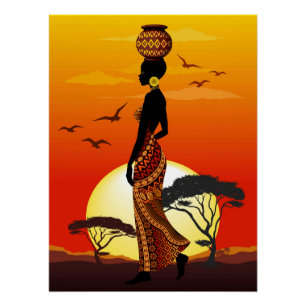 Póster A linda mulher africana Silhouette sobre os sóis a